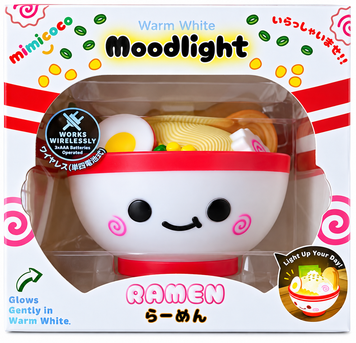 Mimicoco Ramen Bowl Moodlight in original illustrated retail packaging featuring a cute Japanese ramen bowl night light with colourful noodles, egg and vegetable toppings.