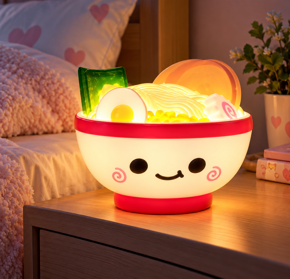 Mimicoco kawaii ramen bowl moodlight glowing warmly on a wooden bedside table in a cosy bedroom, featuring a smiling face, colourful ramen toppings and Japanese-inspired design.