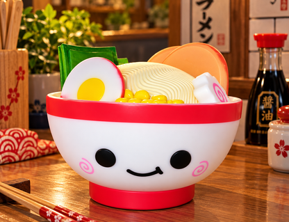 Mimicoco Ramen Bowl Moodlight displayed on a wooden kitchen counter in a Japanese-inspired kitchen, featuring a smiling white ramen bowl with colourful noodles, egg, sweetcorn and seaweed toppings.