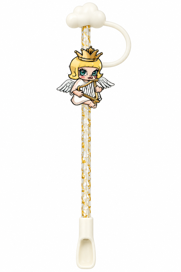 Starbucks x POP MART MOLLY Little Angel golden straw spoon with angel harp charm on white background