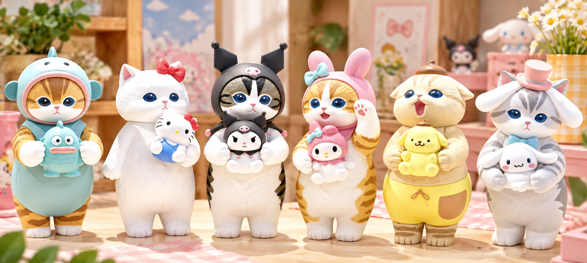 Complete collection of six Mofusand × Sanrio Characters miniature cat figures by Kitan Club, featuring Hello Kitty, Kuromi, My Melody, Pompompurin, Hangyodon and Cinnamoroll.