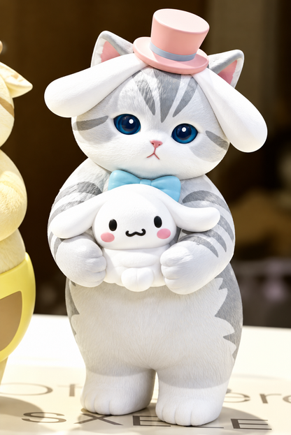 Grey-and-white Mofusand cat wearing Cinnamoroll costume with pink hat and holding miniature Cinnamoroll.