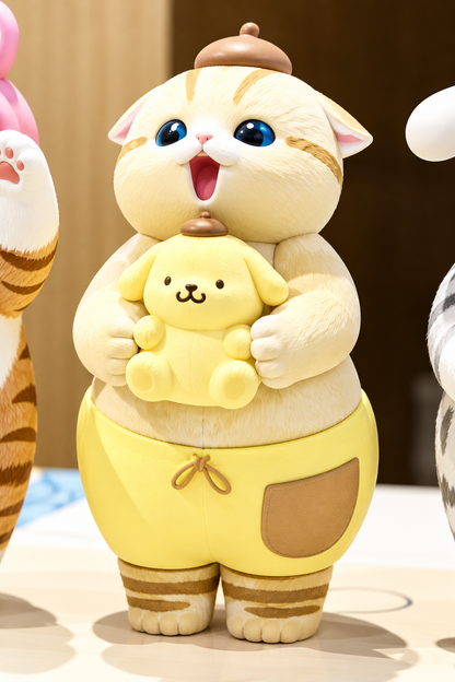 Cream Mofusand cat dressed as Pompompurin wearing yellow shorts and holding miniature Pompompurin.