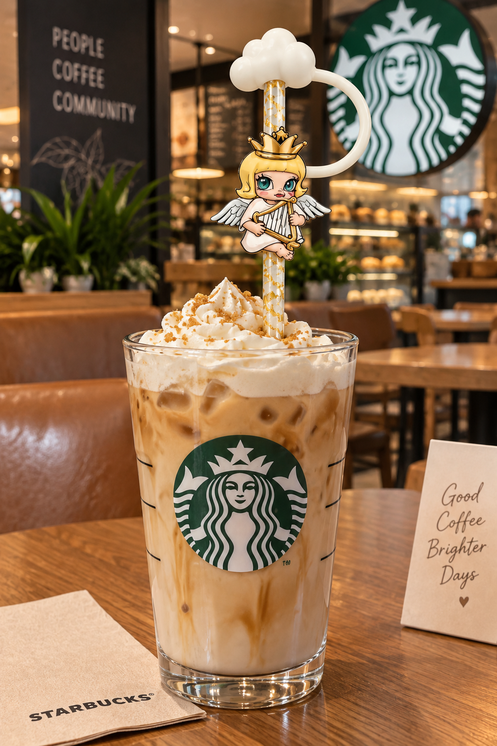 Starbucks x POP MART MOLLY Little Angel golden straw spoon displayed in a Starbucks glass with angel harp charm visible