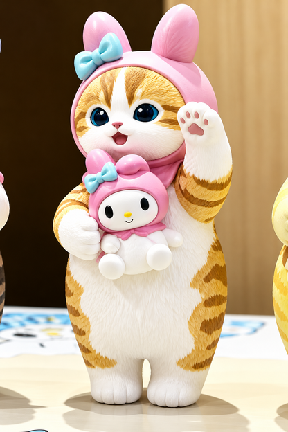 Ginger Mofusand cat wearing pink My Melody bunny costume and holding miniature My Melody.