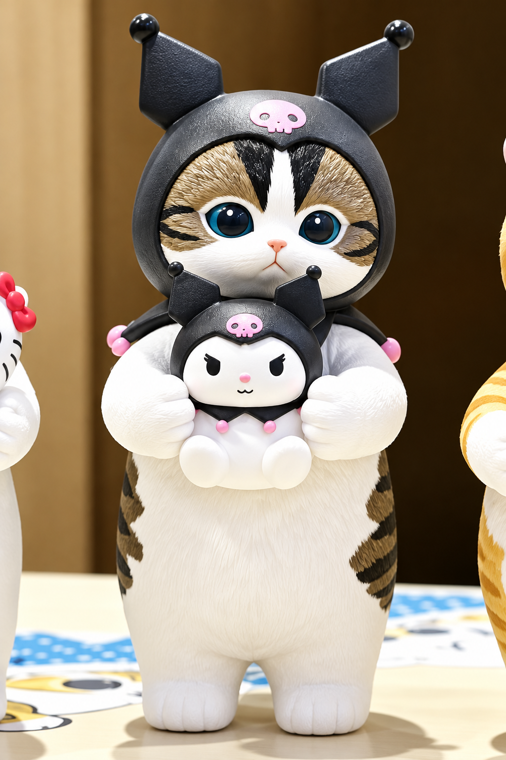 Mofusand tabby cat dressed as Kuromi wearing black hood and holding miniature Kuromi.
