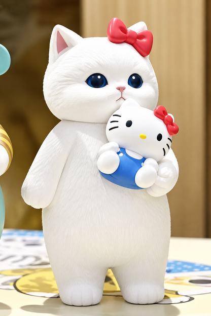 White Mofusand cat with red bow holding miniature Hello Kitty in blue overalls.