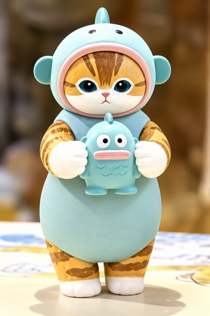 Mofusand ginger tabby cat wearing turquoise Hangyodon costume and holding a miniature Hangyodon figure.