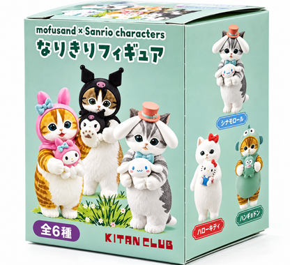 Official Kitan Club Mofusand × Sanrio Characters Narikiri Figures Japanese collectible box, featuring adorable Mofusand cats dressed as Sanrio characters. Six designs to collect, including Hello Kitty, Kuromi, My Melody, Cinnamoroll, Pompompurin and Hangyodon.