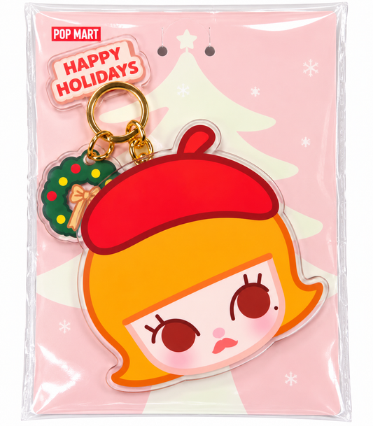Pop Mart POP BEAN Christmas Series Molly small mirror keychain in original festive pink packaging, featuring red beret and Christmas wreath charm.