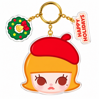 Pop Mart Molly Christmas acrylic mirror keychain featuring blonde Molly wearing a red beret, with gold keyring, Christmas wreath and Happy Holidays charms.
