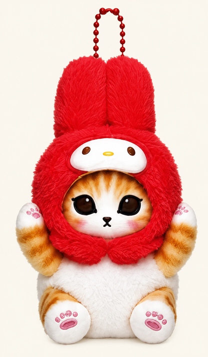 Mofusand ginger cat plush keychain dressed as My Melody in a fluffy red hood