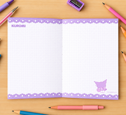 Inside view of Miniso Sanrio Kuromi hardcover notebook showing squared writing pages with pastel purple decorative borders and Kuromi artwork.
