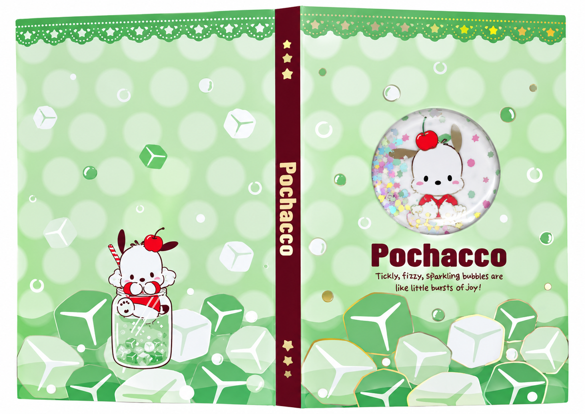 Miniso x Sanrio Colorful Summer Pochacco kawaii hardcover shaker notebook featuring mint green bubble design, glitter window and cute Pochacco illustrations.