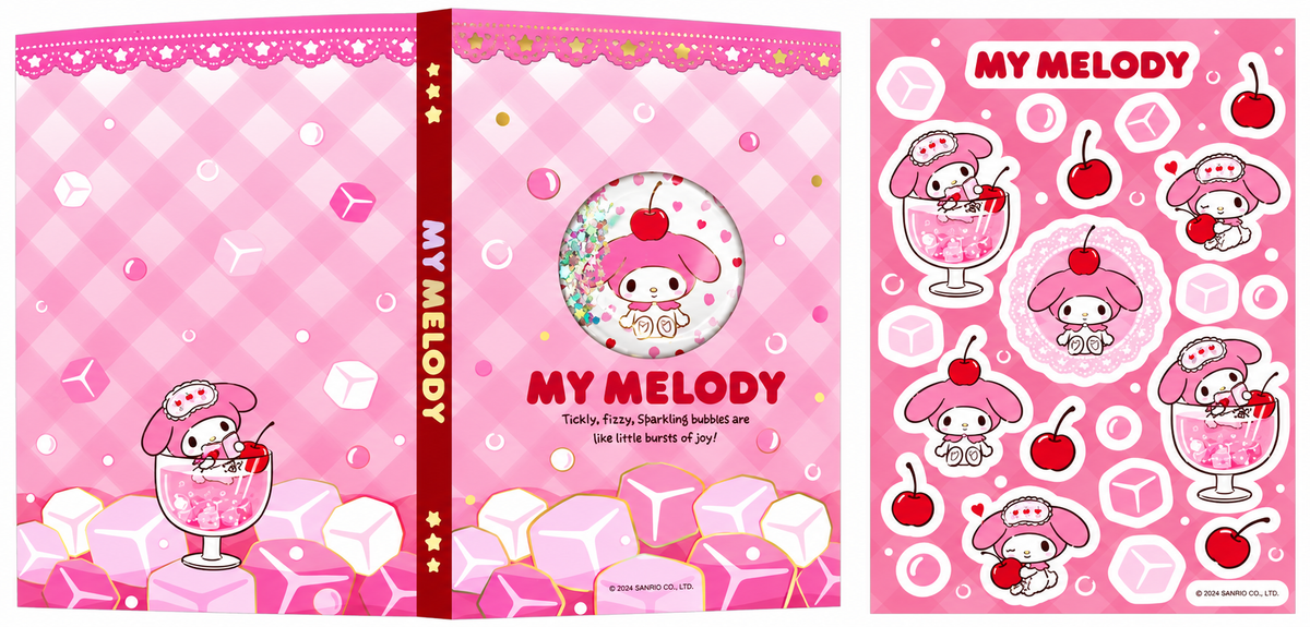 Miniso x Sanrio Colorful Summer My Melody shaker notebook with pink gingham cover, glitter window and matching My Melody character stickers.