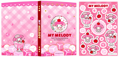 Miniso x Sanrio Colorful Summer My Melody shaker notebook with pink gingham cover, glitter window and matching My Melody character stickers.
