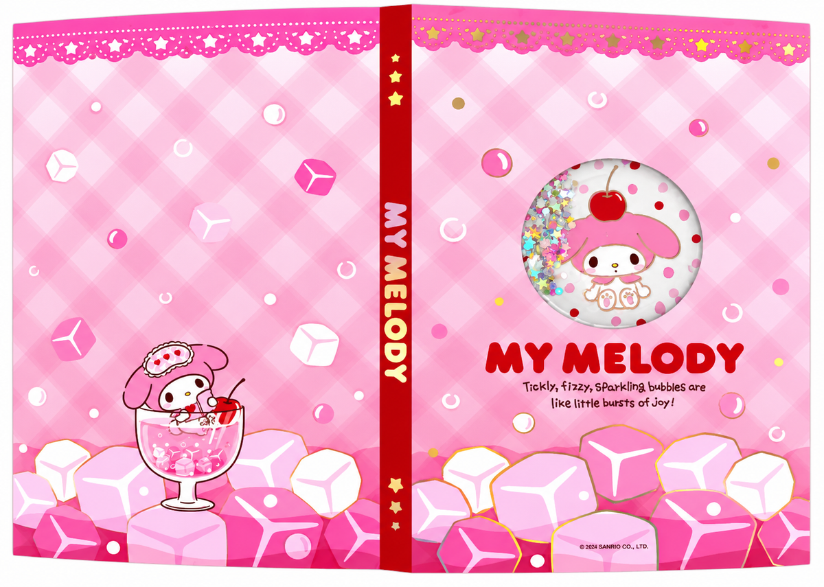 Miniso Sanrio My Melody hardcover notebook featuring pastel pink cherry and ice cube artwork with a colourful glitter shaker window.