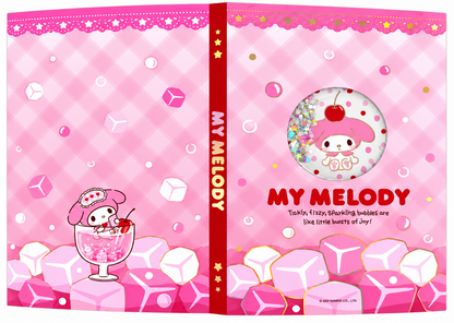 Miniso Sanrio My Melody hardcover notebook featuring pastel pink cherry and ice cube artwork with a colourful glitter shaker window.