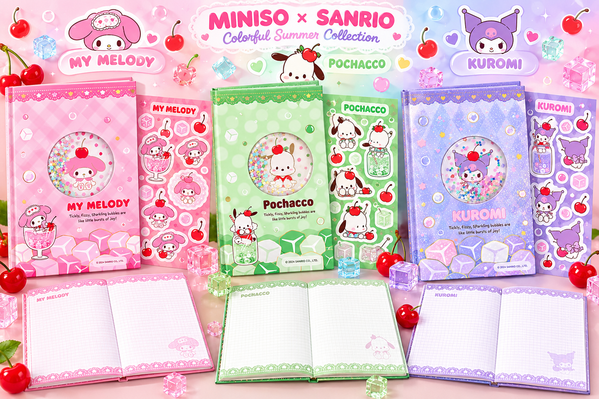 Miniso x Sanrio Colorful Summer Collection kawaii shaker notebooks featuring My Melody, Pochacco and Kuromi in pastel pink, green and purple, with glitter shaker covers, matching character stickers and squared writing pages.