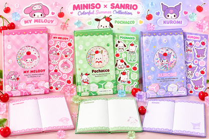Miniso x Sanrio Colorful Summer Collection kawaii shaker notebooks featuring My Melody, Pochacco and Kuromi in pastel pink, green and purple, with glitter shaker covers, matching character stickers and squared writing pages.