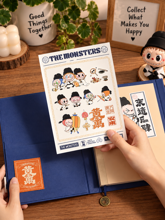 POP MART The Monsters Let’s Have Fun Together notebook open with Labubu character sticker sheet