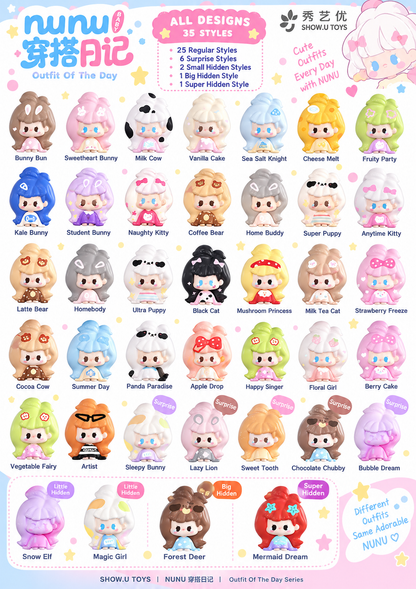 SHOW.U TOYS NUNU Outfit Of The Day mini figure collection line-up showing regular, surprise and hidden designs