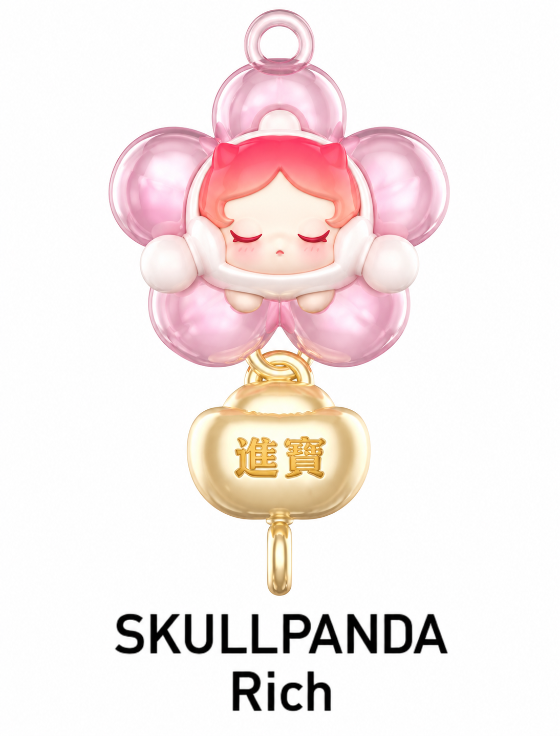 Pop Mart POP BEAN SKULLPANDA Rich charm featuring a pink flower design with a sleeping SKULLPANDA character and golden Chinese prosperity pendant.