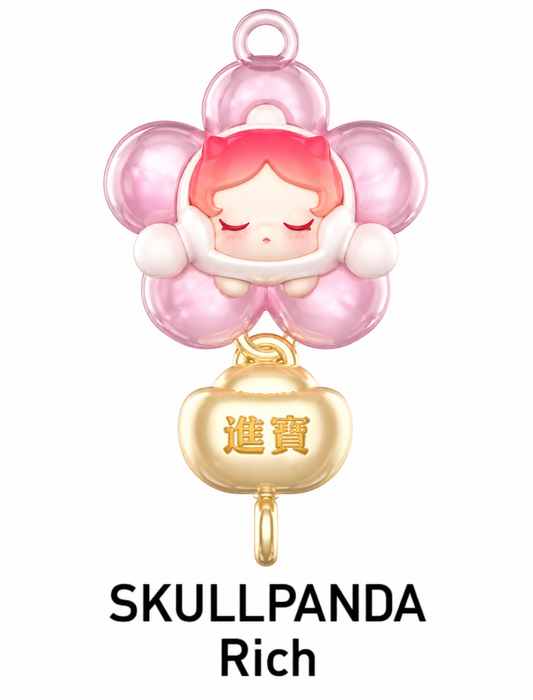 Pop Mart POP BEAN SKULLPANDA Rich charm featuring a pink flower design with a sleeping SKULLPANDA character and golden Chinese prosperity pendant.