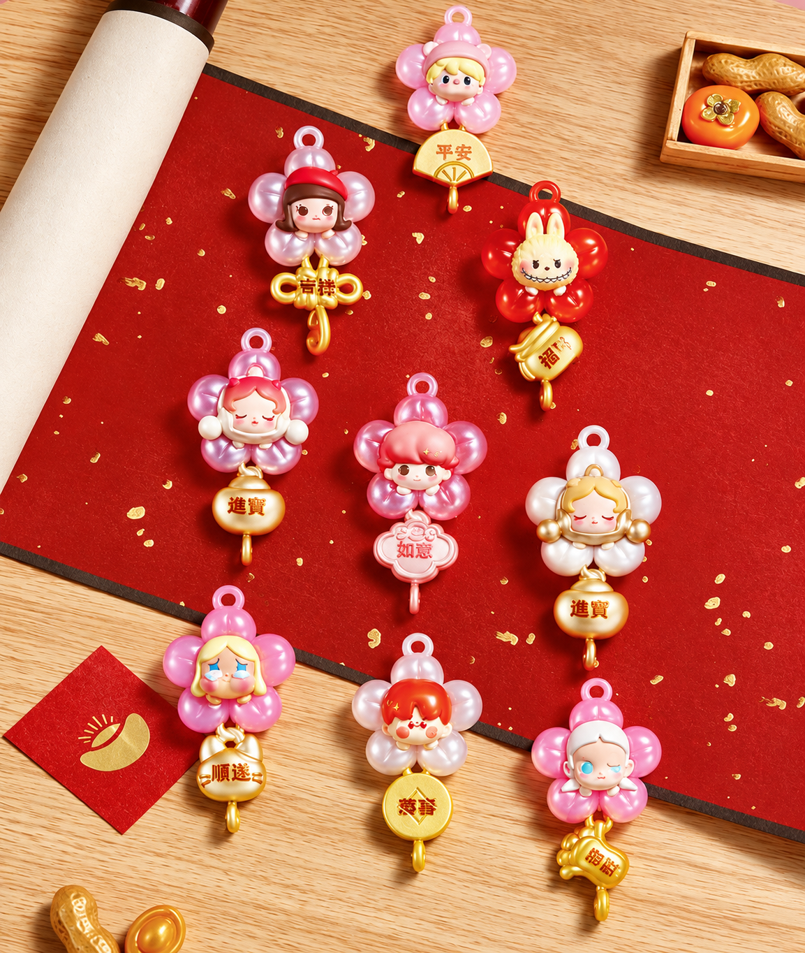 Pop Mart POP BEAN New Year Collection featuring nine colourful flower-shaped character charms, including Molly, SKULLPANDA and DIMOO, displayed on a red and gold Chinese New Year-themed background with decorative good-luck pendants.