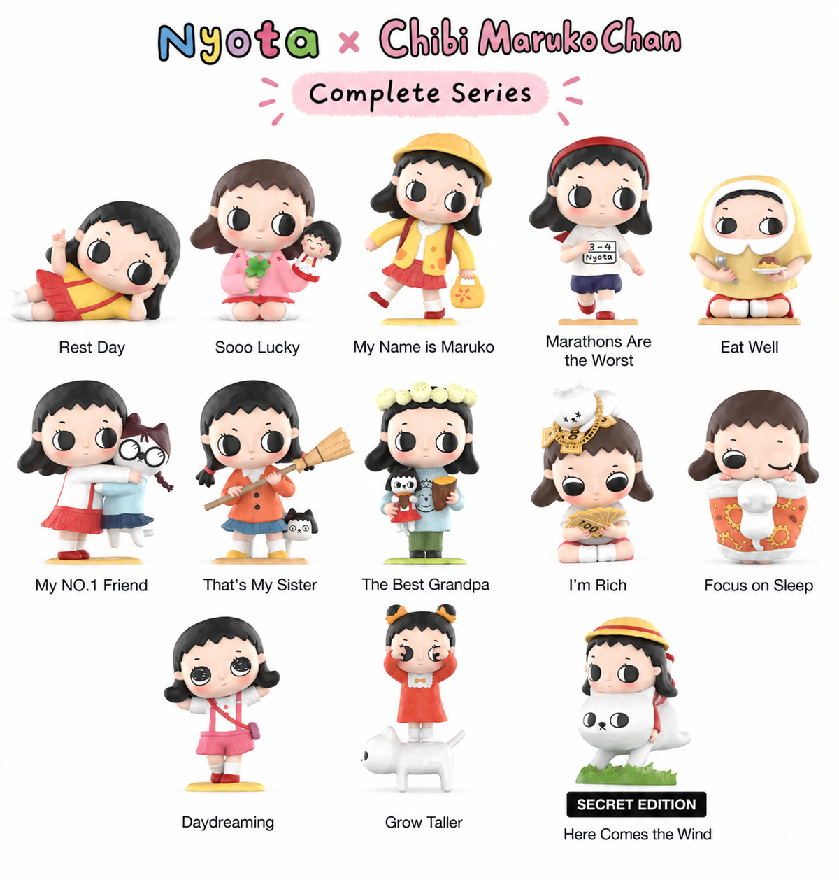 Nyota × Chibi Maruko Chan collectible figure lineup with character names and Here Comes the Wind secret edition