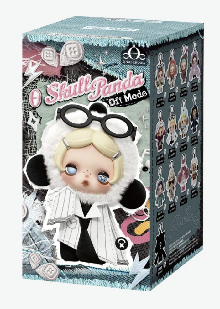 Official POP MART SKULLPANDA Off Mode Series collectible plush pendant blind box packaging showing the collection artwork and character designs.