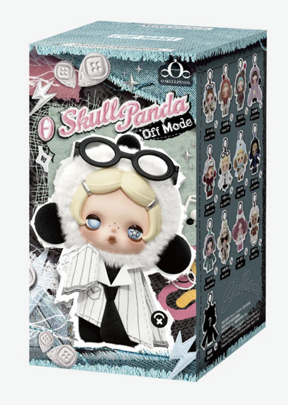 Official POP MART SKULLPANDA Off Mode Series collectible plush pendant blind box packaging showing the collection artwork and character designs.
