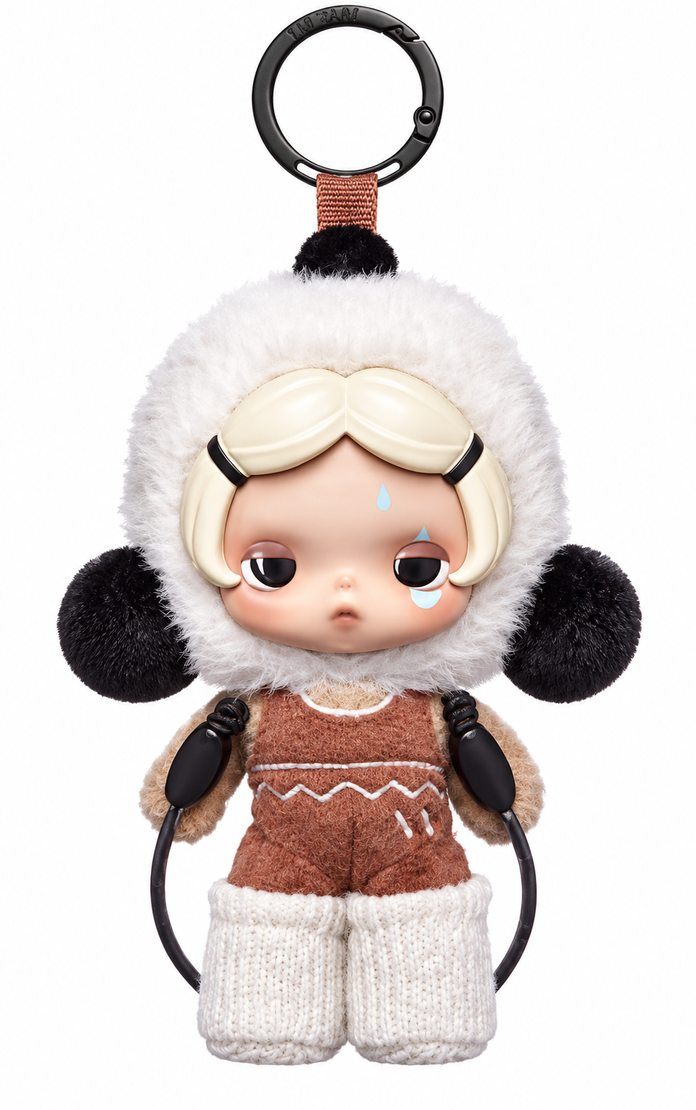 POP MART SKULLPANDA Off Mode Series Rest Day plush pendant featuring a fluffy white hood, black pom-pom ears, brown outfit and white knitted boots.
