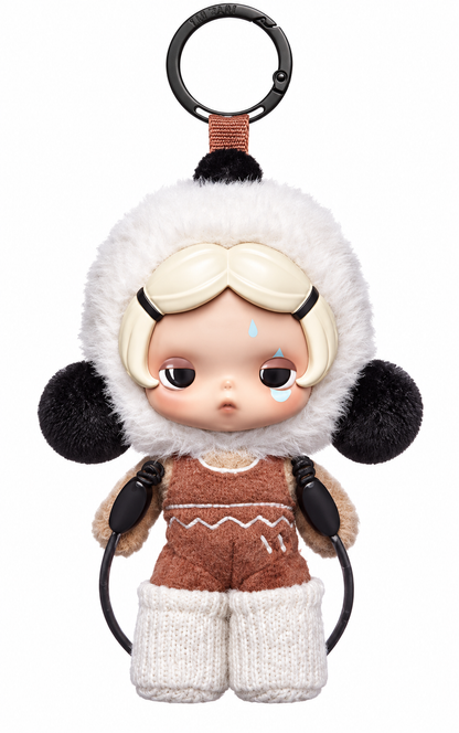 POP MART SKULLPANDA Off Mode Series Rest Day plush pendant featuring a fluffy white hood, black pom-pom ears, brown outfit and white knitted boots.
