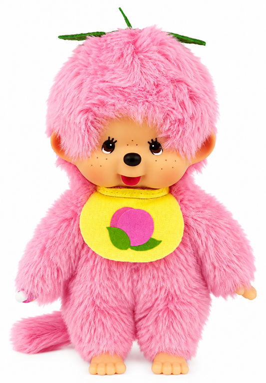 Sekiguchi Monchhichi Fruit Color Peach Pink plush with fluffy pink fur, yellow peach bib and green leaf detail, front view