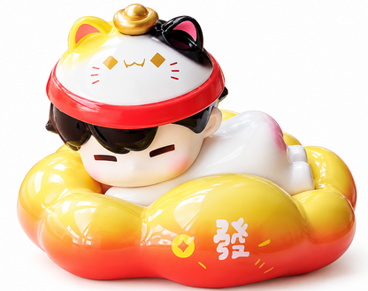 PEDUDU Cloud Party Wealth Overflows confirmed collectible figure featuring a sleepy kawaii character wearing a lucky cat hat with a golden ingot, resting in a glossy yellow and orange cloud.