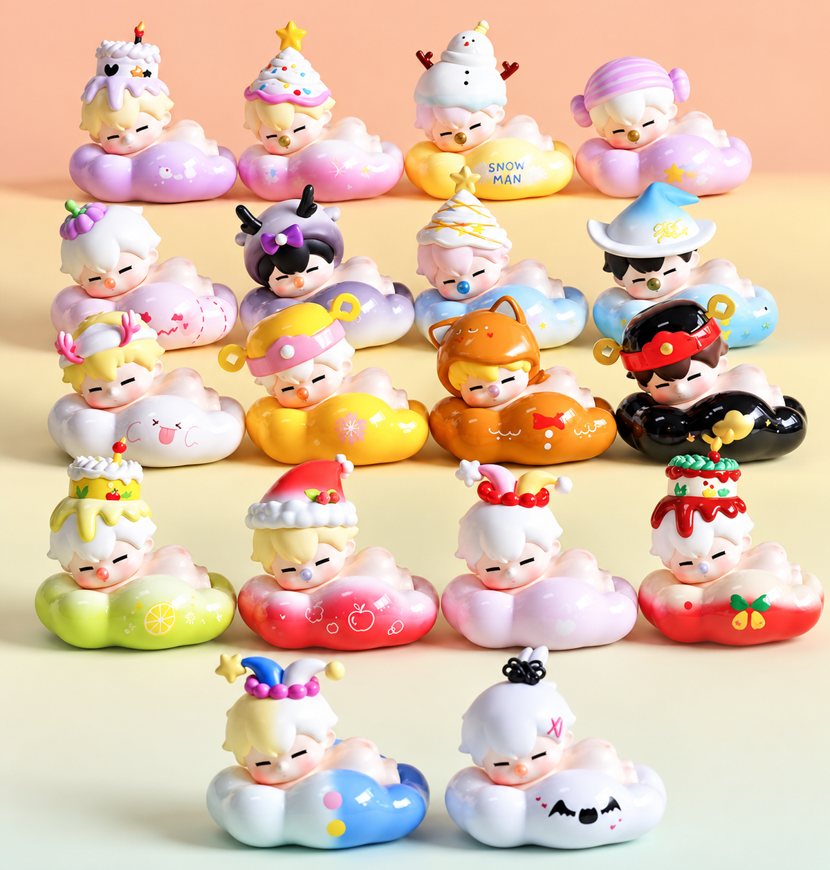 PEDUDU Cloud Party Colorful World Series collectible figure collection by Fire Toys, featuring 14 adorable kawaii characters sleeping on colourful clouds, with playful animal, birthday, Christmas and fantasy-themed designs.