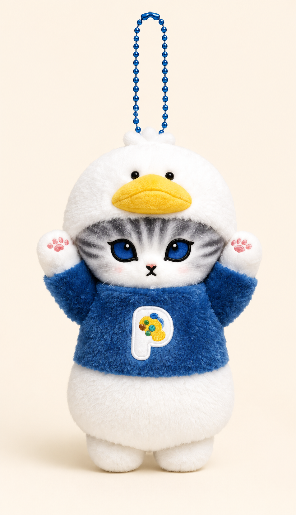 Mofusand grey cat plush keychain wearing a white duck hood and navy blue Pekkle outfit