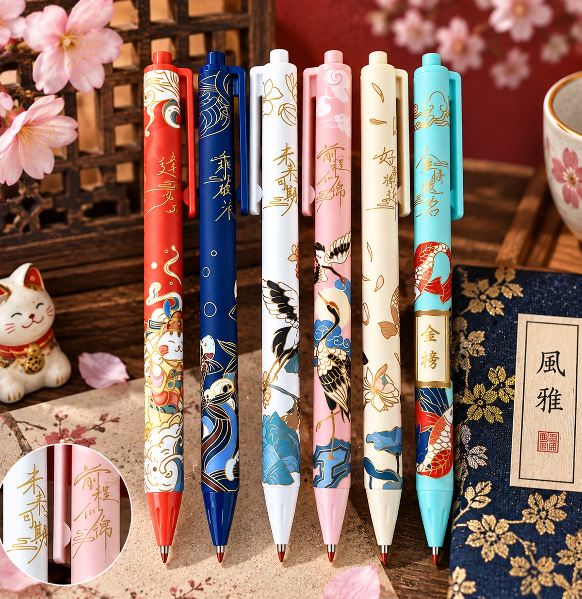 Set of six vibrant Chinese decorative gel pens with koi crane lucky cat and metallic gold detailing