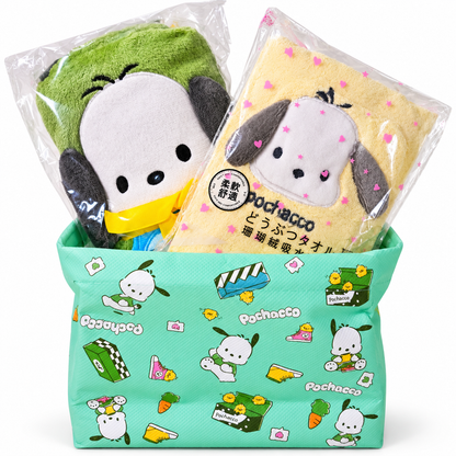 Sanrio Pochacco Christmas gift set featuring two sealed character towels presented in a matching mint-green Pochacco fabric storage basket.