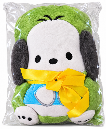 Green Sanrio Pochacco character towel featuring floppy ears, an embroidered face and yellow ribbon, sealed in clear packaging.