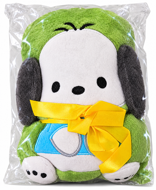 Green Sanrio Pochacco character towel featuring floppy ears, an embroidered face and yellow ribbon, sealed in clear packaging.