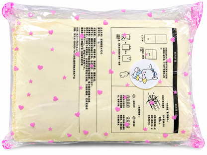 Reverse of the sealed yellow Pochacco character towel packaging showing product information, care instructions and decorative pink hearts.