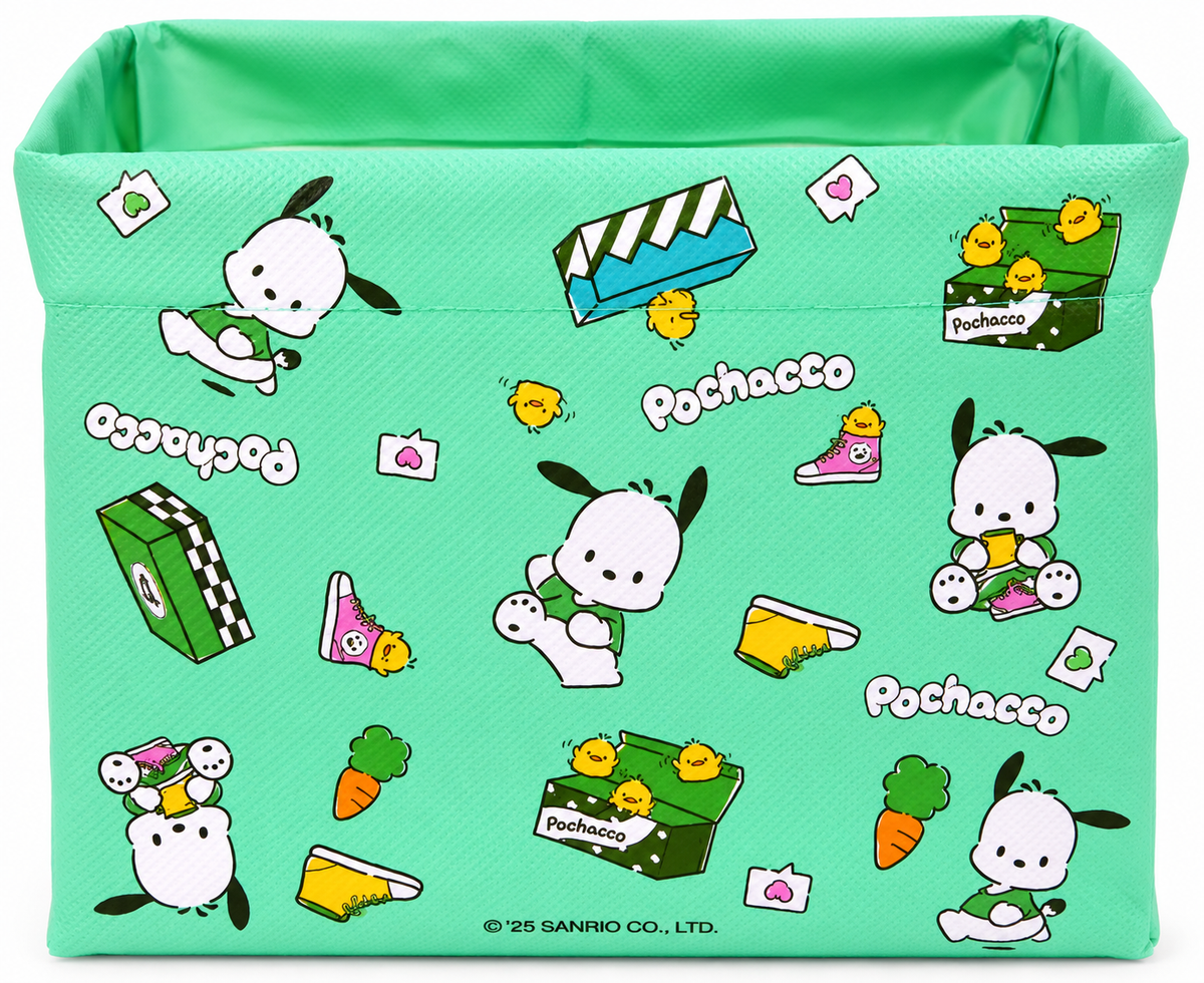 Mint-green Sanrio Pochacco fabric storage basket featuring colourful character illustrations, flowers and playful printed designs.