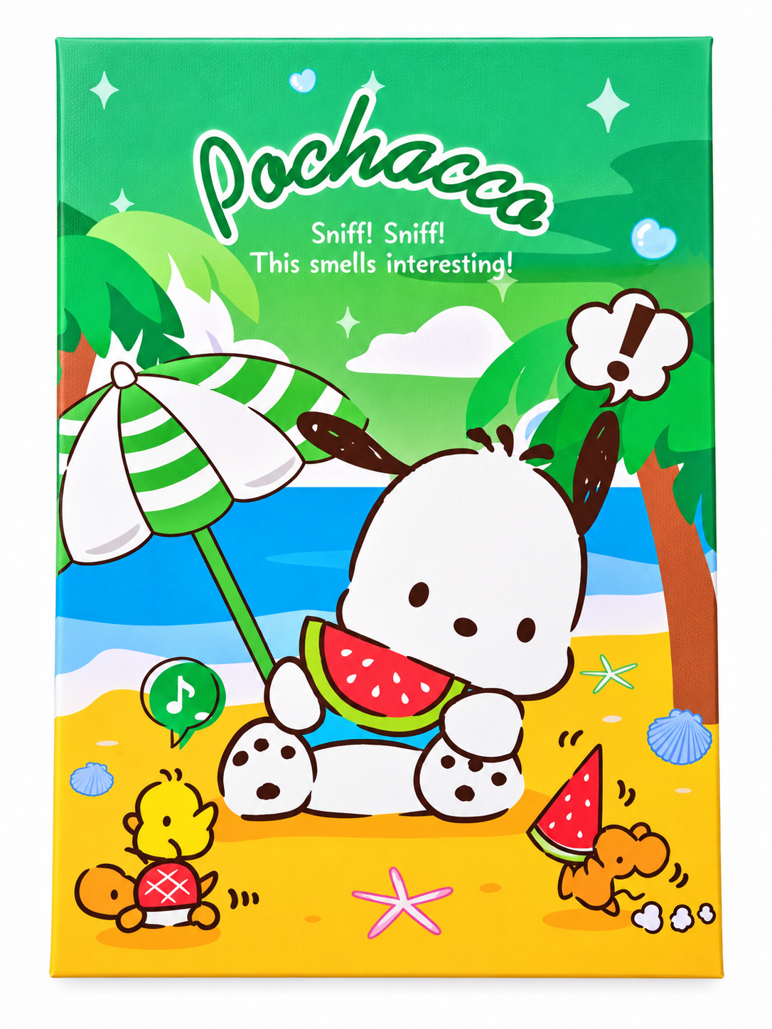 Sanrio Pochacco Summer Beach notebook featuring Pochacco eating watermelon on a tropical beach with palm trees, a striped umbrella and colourful seaside illustrations.