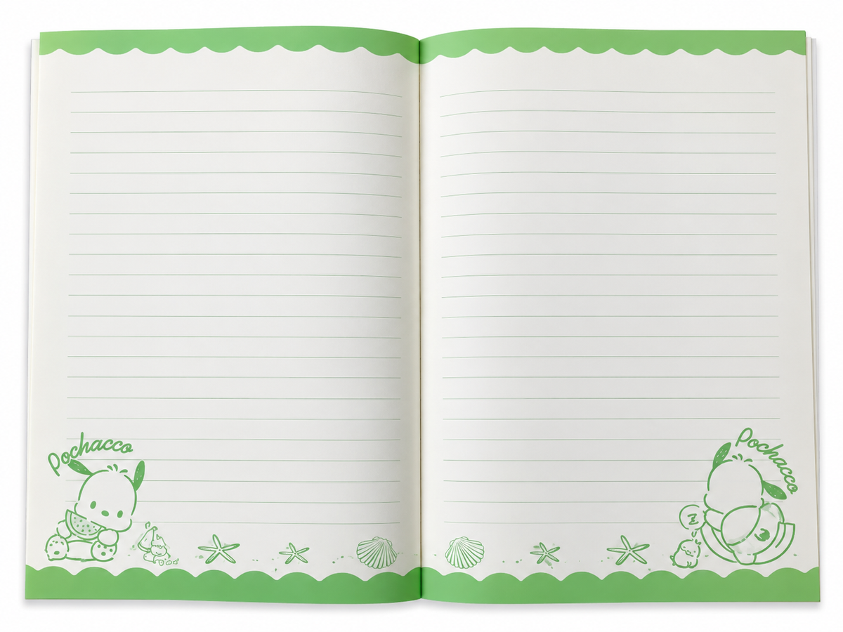 Open Sanrio Pochacco notebook displaying lined writing pages decorated with pastel green Pochacco illustrations, scalloped borders, seashells and starfish.
