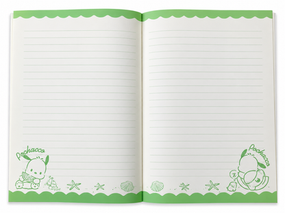 Open Sanrio Pochacco notebook displaying lined writing pages decorated with pastel green Pochacco illustrations, scalloped borders, seashells and starfish.