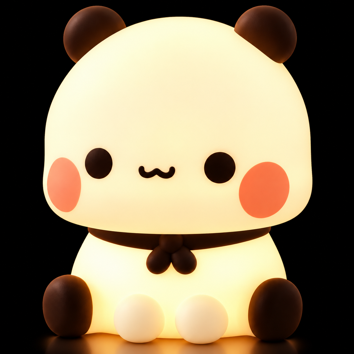 Glowing kawaii panda silicone night light against a black background, showing its soft, warm LED illumination.