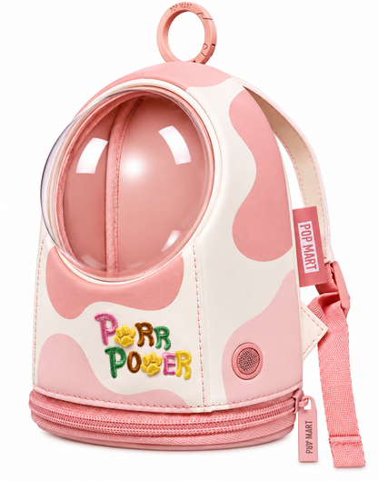 Pop Mart Meowgical Charge Purr Power pink and cream cow-print plush doll display bag with transparent dome window, embroidered lettering and carrying strap.