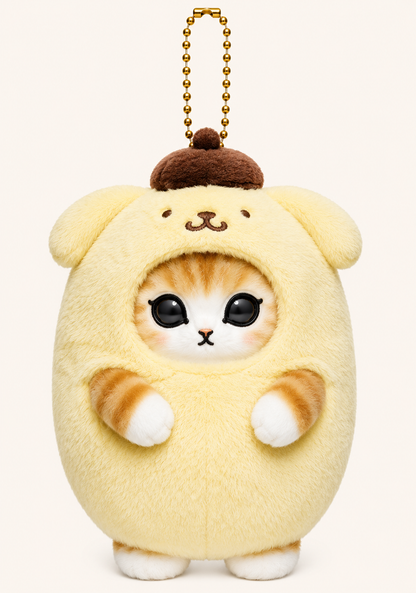 Mofusand grey cat plush keychain dressed as Pompompurin in a soft yellow costume with brown beret